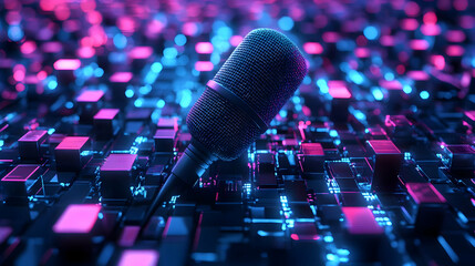 Futuristic Microphone on Glowing Pixelated Surface