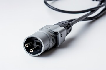 Close up shot of a european electric vehicle charging plug on a white background
