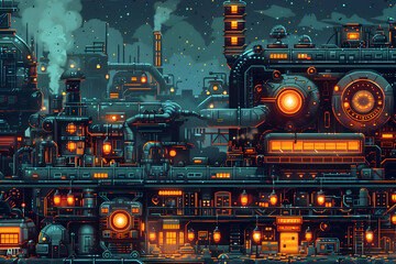 Futuristic Night Cityscape Pixel Art: Glowing Orange and Blue Industrial Complex