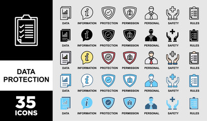 DATA PROTECTION icon set with various styles and colors of data, information, protection, permission, personal, safety and rules