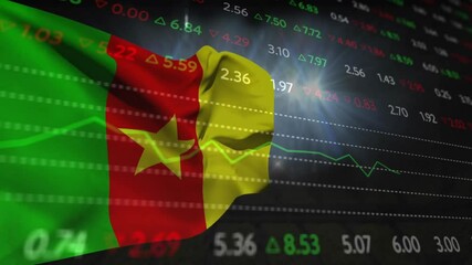 On startup Cameroon flag fluttering over digital green red stock tickers showing market shifts