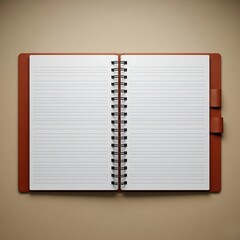 Open Spiral Notebook with Lined Pages and Brown Cover on Beige Background - Blank Stationery Mockup - Top-Down View for Custom Content