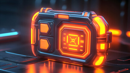 Futuristic Orange Glowing Tech Device on Dark Metal Surface