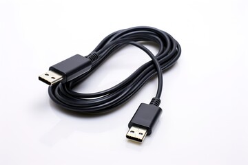 A black usb cable on a white background illustrating digital data transfer connection technology.