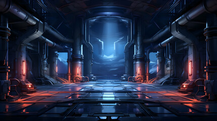 Futuristic Pixel Art Sci-fi Environment with Glowing Blue and Red Lighting