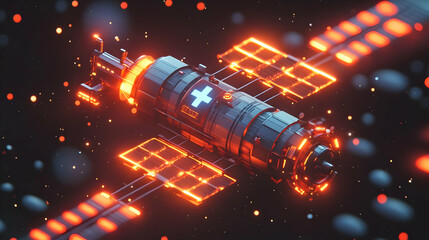 Futuristic Pixel Art Spaceship in Orbit Glowing Orange and Red