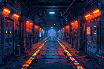 Futuristic Pixel Art Tunnel: Glowing Orange and Blue Lights in a Dark Metal Corridor