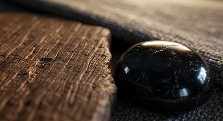 A black stone sits on a wooden surface