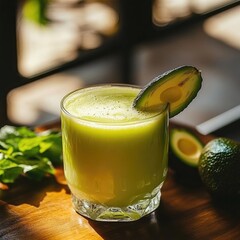 Green smoothie in glass, avocado slices