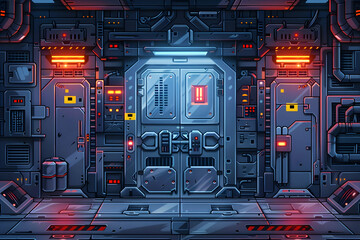 Futuristic Spaceship Corridor with Glowing Red and Blue Lights