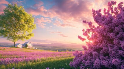 4.A picturesque view of blooming lilac bushes and pink wildflowers on a peaceful meadow, with a dreamy sky of soft pink morning clouds blending gently into the blue horizon.