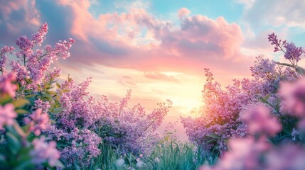 4.A picturesque view of blooming lilac bushes and pink wildflowers on a peaceful meadow, with a dreamy sky of soft pink morning clouds blending gently into the blue horizon.