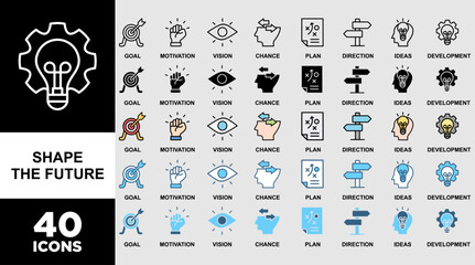 SHAPE THE FUTURE icon set with various styles and colors of the goal, motivation, vision, chance, plan, direction, support, ideas, and development