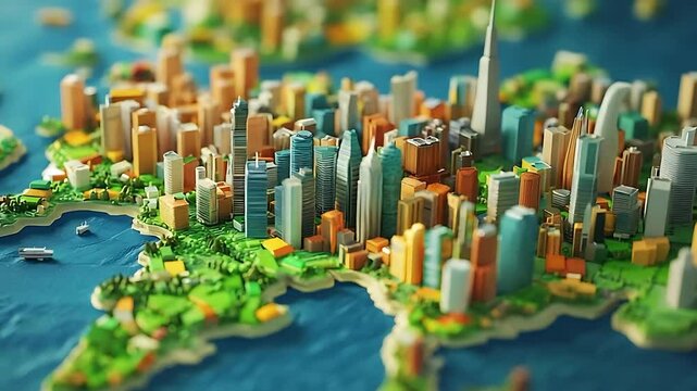 A vibrant miniature cityscape showcasing colorful buildings and lush greenery by the water's edge
