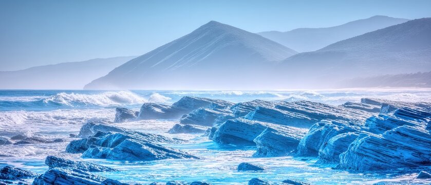 Coastal scene with misty mountains