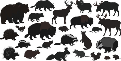 Silhouettes of Wild North American Animals | Vector Wildlife Set Including Bear, Moose, Bison, Deer, Rodents, Skunk, Porcupine, and Forest Creatures