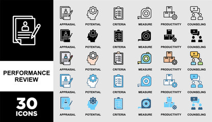 PERFORMANCE REVIEW icon set with various styles and colors of appraisal, potential, criteria, measure, productivity, and counseling