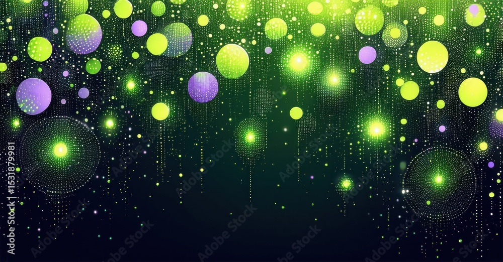 Aufkleber vibrant green, purple lights cascade down dark background. sparkling dots create festive, dynamic vi