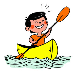 Happy Child Kayaking in a Colorful Canoe on a Bright Sunny Day