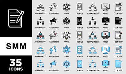 SMM icon set with various styles and colors of community, video, viral, social media, content, mobile and marketing