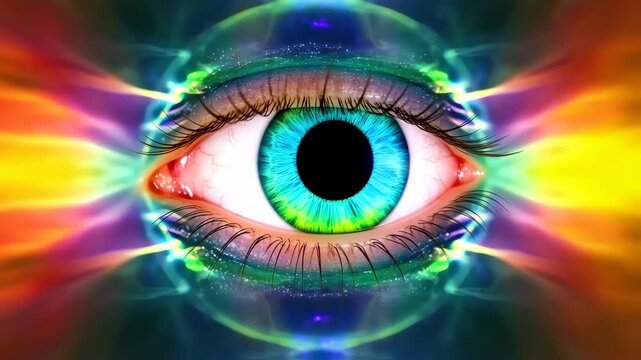 Psychedelic eye with vibrant colors and sparkling effects creates a mesmerizing and surreal visual experience, perfect for artistic and creative projects.