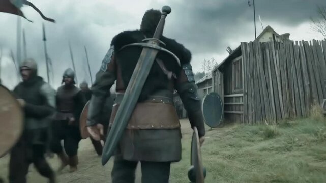 Valiant medieval warrior escaping battle, running from intense sword combat near wooden fortress while soldiers clash with shields and blades