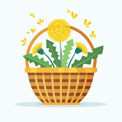 Dandelion Greens in a basket Flat Vector Art with Clean Design and Minimal Detailing