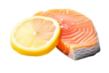 Fresh salmon slice with lemon slice isolated on a white background close up