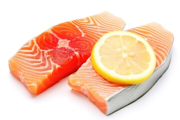 Fresh salmon slices with lemon slice for healthy eating and culinary purposes