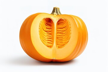 Freshly cut orange pumpkin showing interior seeds and flesh against a clean white backdrop