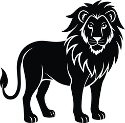 Lion illustration in bold black and white silhouette standing tall