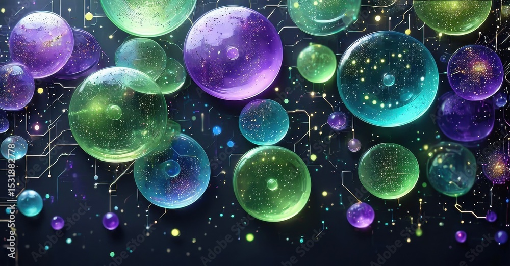 Fototapete vibrant bubbles float amid dark background. circuitry patterns add futuristic feel. colors include p