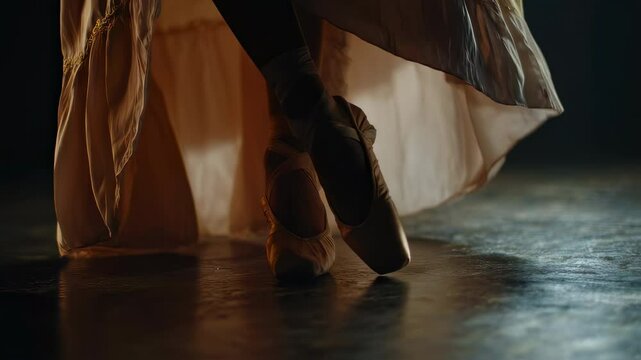 Graceful ballerina practicing ballet steps, showcasing precise footwork and elegant pointe technique on a dark stage, her flowing dress adding to the artistic atmosphere