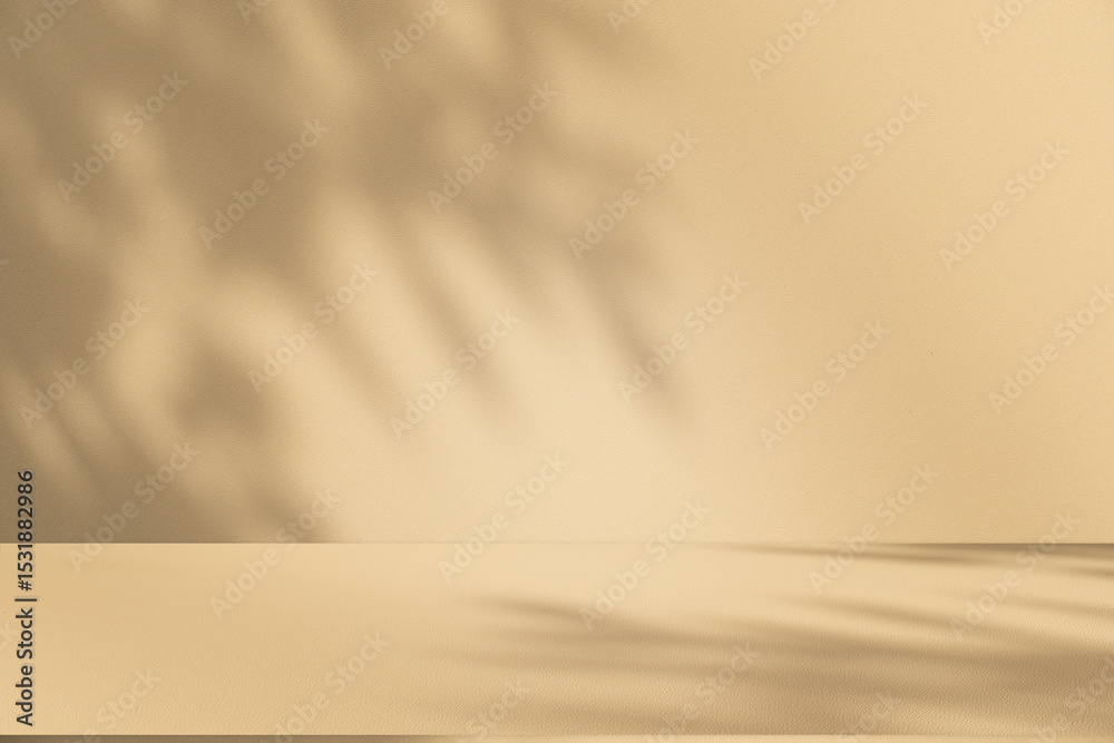 Poster Wall interior background, studio and backdrops show products. with leaf shadow from window color beige and white. background for text insertion and presentation of product	
