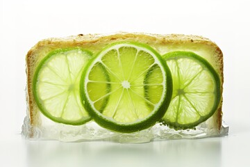 Freshly sliced lime wedges arranged artistically on a square piece of toast against white