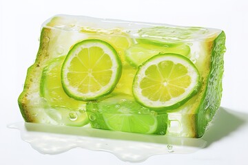Refreshing lime slices embedded in transparent gelatin block on white surface