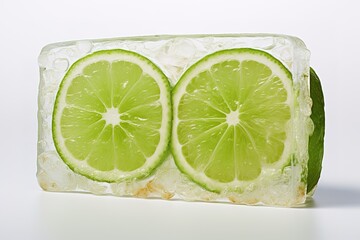 Fresh lime slices embedded in a clear ice block on a bright white background