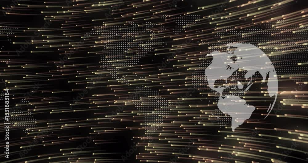 Poster on scene start digital globe rotating as light streaks streaming visualizing global data links