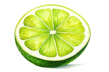 Watercolor illustration of a bright green lime slice isolated on a clean white background