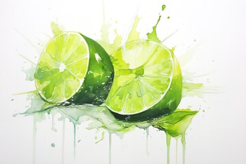 Artistic watercolor painting of freshly cut limes with green splashes and white background