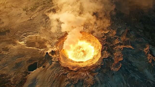Aerial view of a volcanic crater erupting with intense heat.