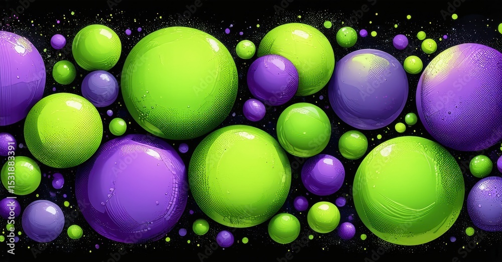 Poster bright purple, green spheres overlap black background. texture resembles tiny dots, creating vibrant