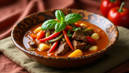 Khmer red curry with tender beef strips 