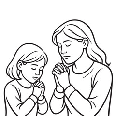 A praying mother and daughter sit peacefully in this black and white vector, their figures outlined in black to highlight spiritual connection.

