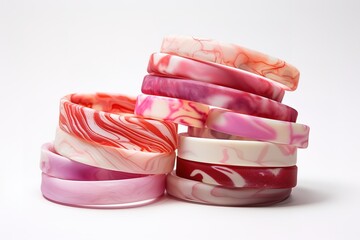 Stacked collection of fashionable and colorful marbled bangles on a white backdrop