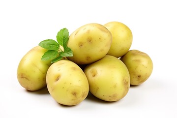 Freshly harvested golden potatoes and green leaves displayed on a clean white background