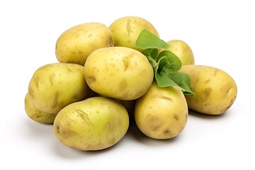 Freshly harvested potatoes with green leaves arranged neatly on a clean white background