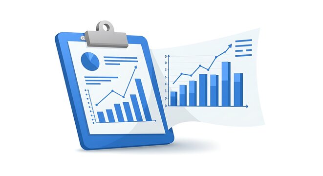 A blue clipboard with charts and a floating graph symbolizes business data analysis, financial growth, and successful report presentation.