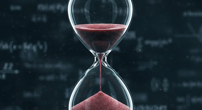 A glass hourglass with red sand flowing against a background of mathematical equations symbolizes time, deadlines, and scientific processes.