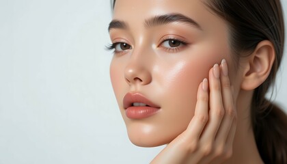 Woman Portrait Touching Face with Natural Makeup